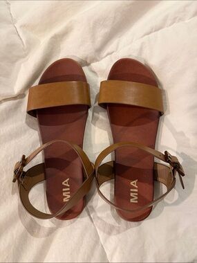 MIA Brown/Tan Leather Ankle-Strap Slide Sandals NWOT